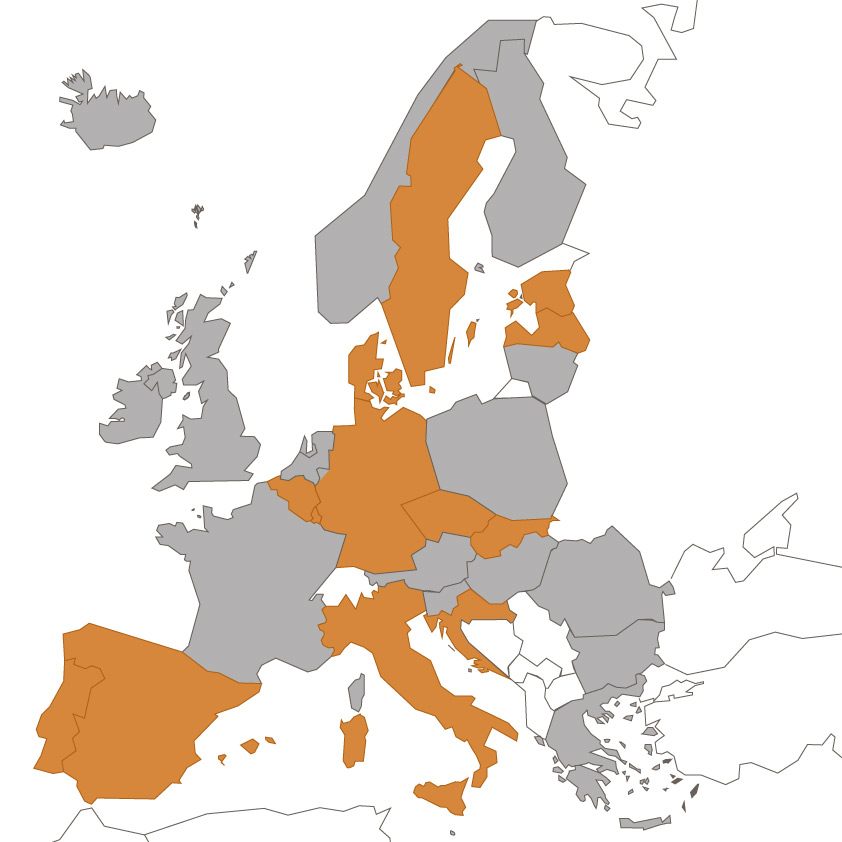 Europakarta där anslutna länder till eIDAS är markerade med orange färg