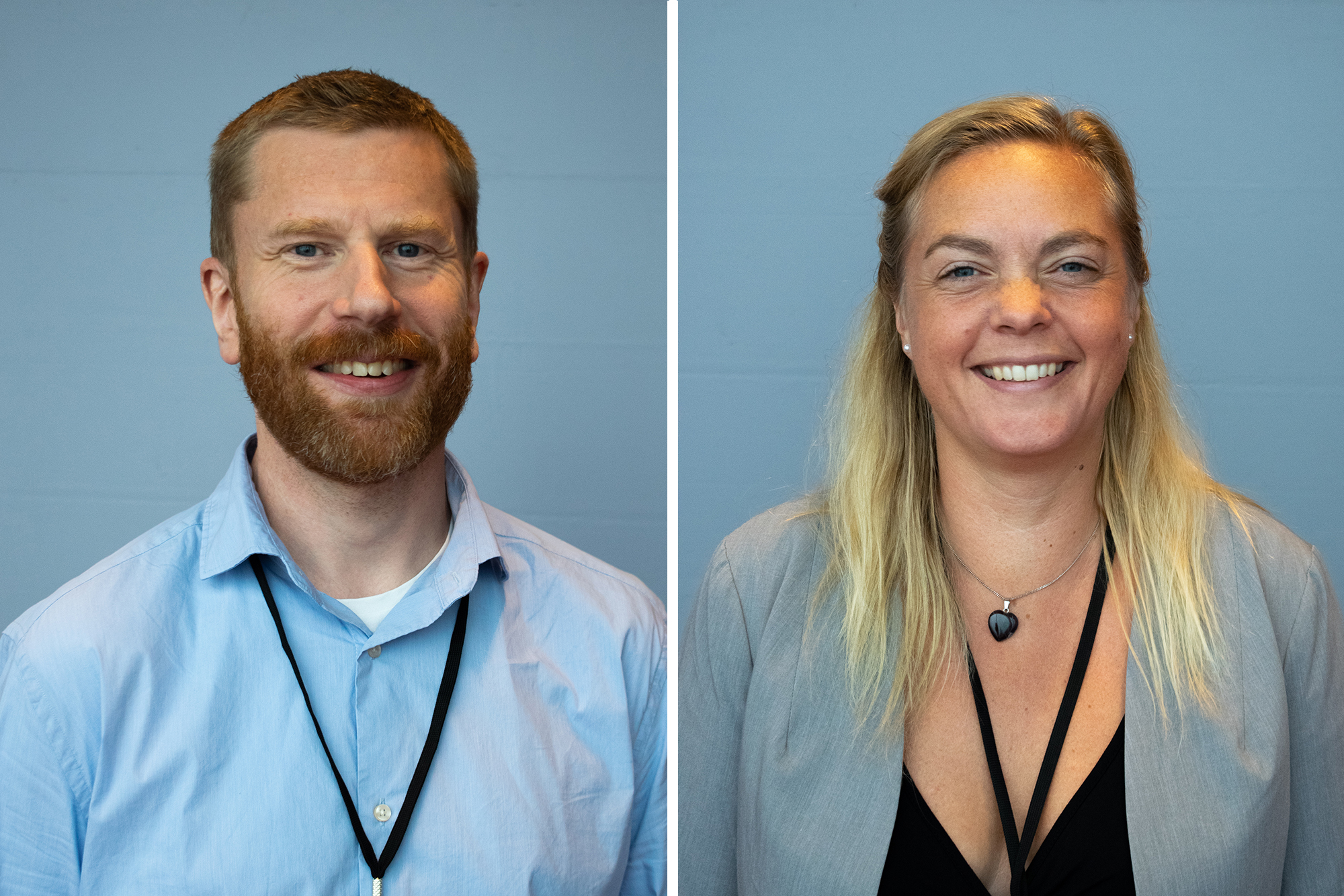 Bildkollage med Joakim i blå skjorta till vänster och Hanna i grå kavaj till höger.