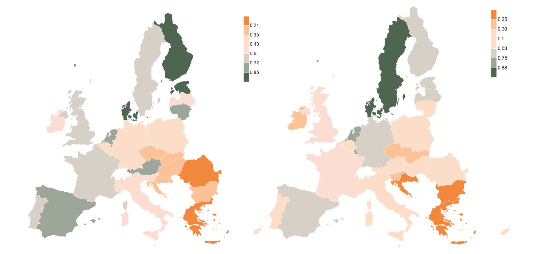 Två europakartor bredvid varandra, ju mörkare grön, desto högre poäng. Ju mörkare orange, desto lägre poäng.