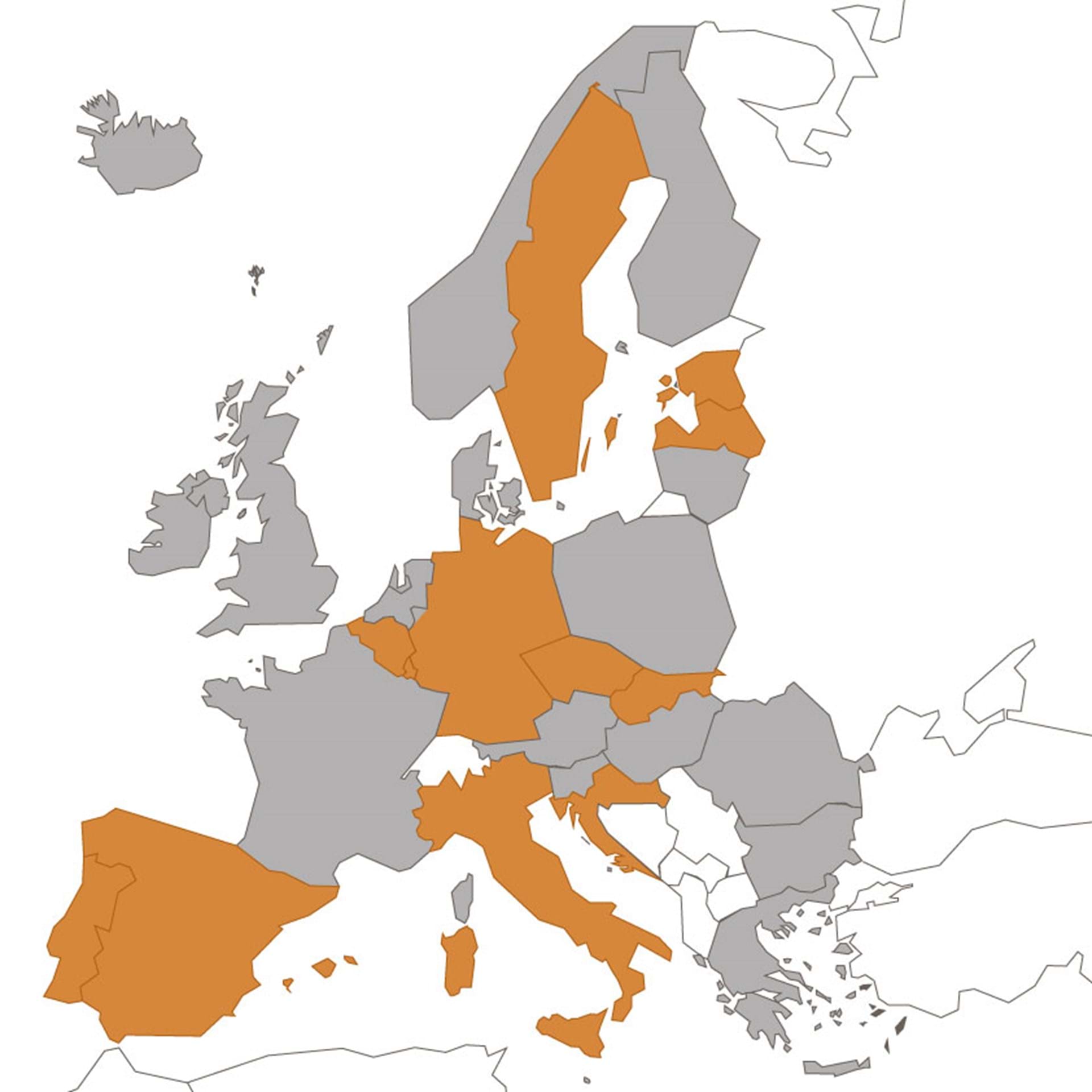 Europakarta där anslutna länder till eIDAS är markerade med orange färg.