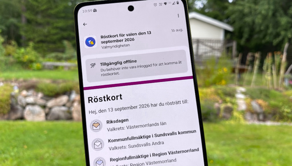 Bild på en mobiltelefon som visar ett digitalt röstkort.