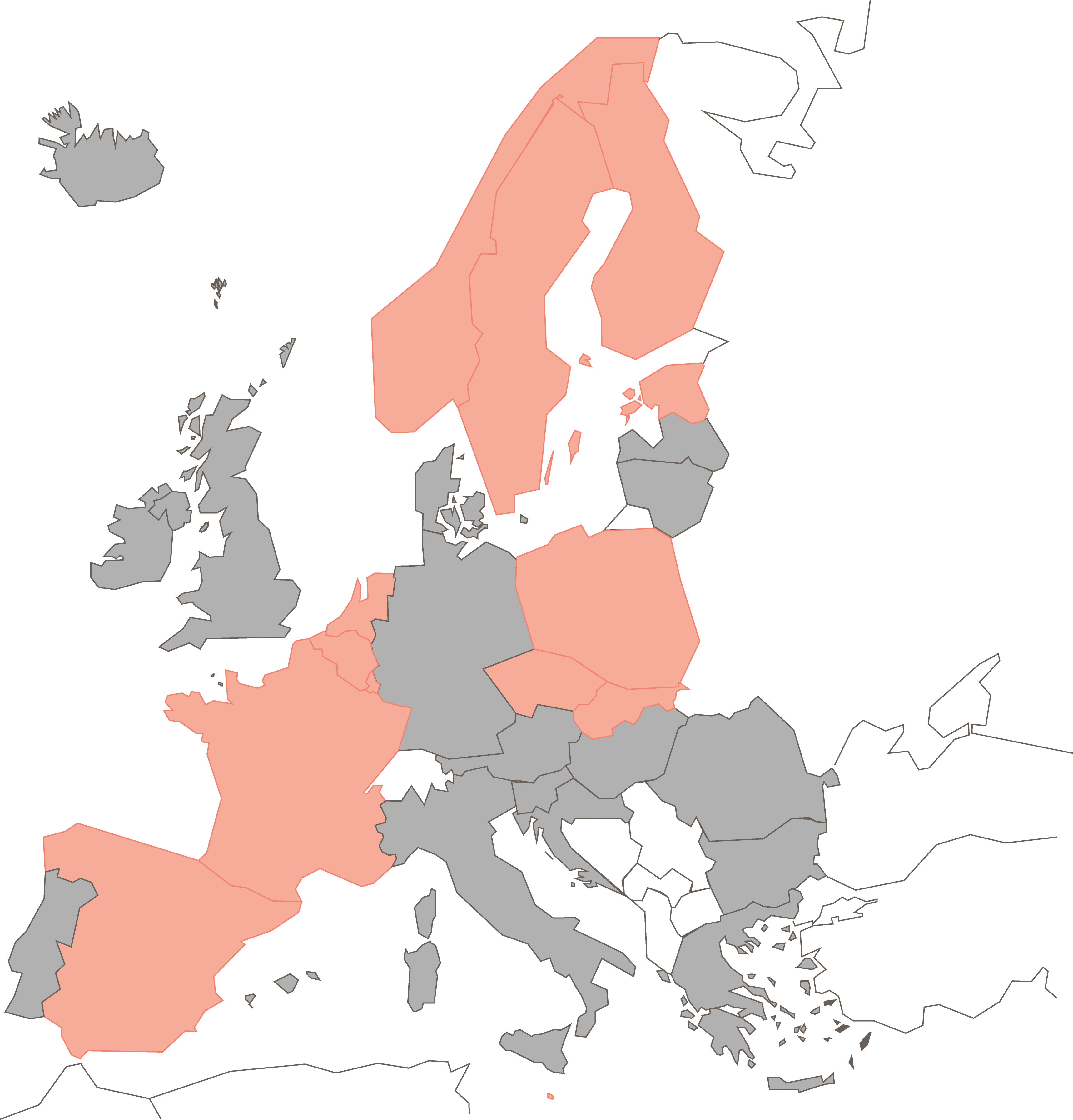 Europakarta där de länder som är anslutna är markerade med rosa färg, övriga länder är gråa.